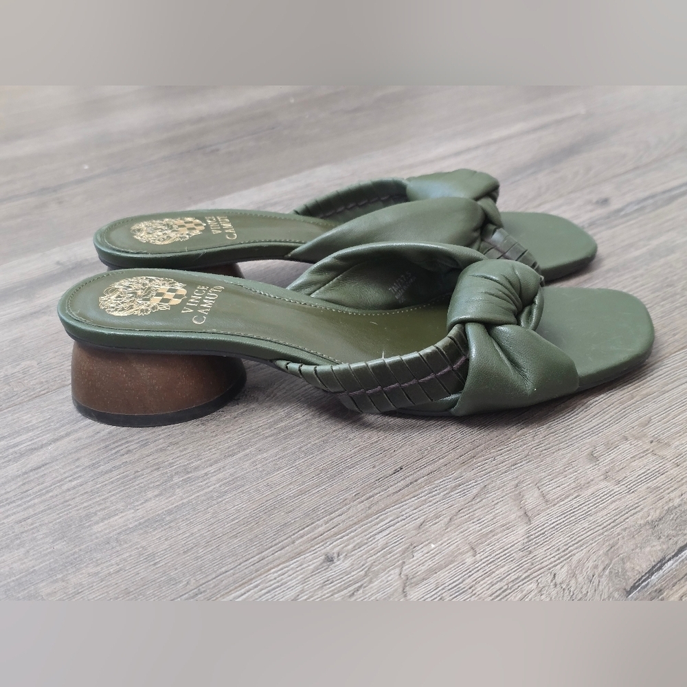 Vince Camuto Womens Leana Mixed Media Knotted Slide Deep Green Unique Heel
